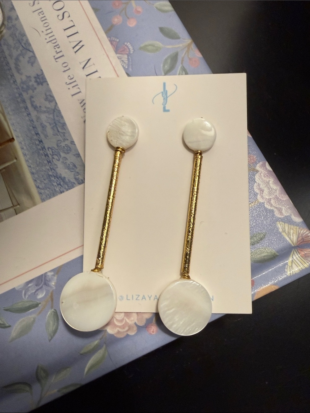 Gold Bar Drop Earrings with White Mother-of-Pearl Discs